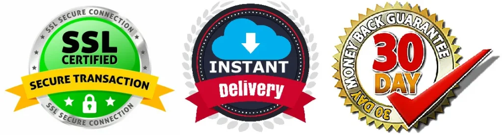 3 trust badges, the first one for SSL transactions, the second one for instant delivery, and the third one for a 30 day money back guarantee.