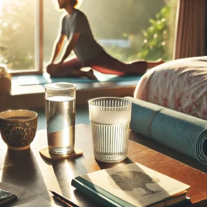 A man stretching indoors in the early morning sun. Glasses of water and a journal are in the foreground.