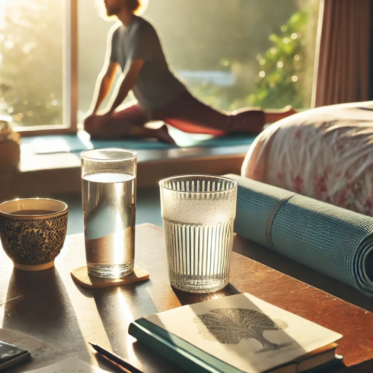 A man stretching indoors in the early morning sun. Glasses of water and a journal are in the foreground.
