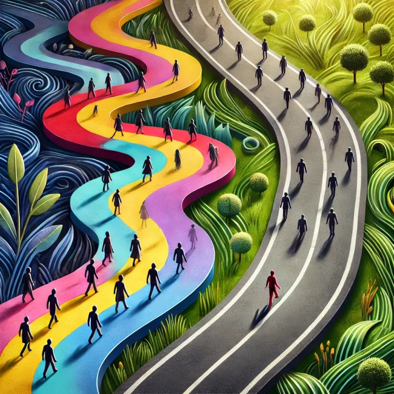 Two sets of people walking through life, each set taking a different approach, or path.