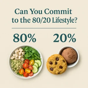 View from above of a plate of healthy food next to a bowl of ice cream and a cookie.