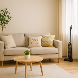 A clean and tidy living room, with a vacuum cleaner sitting to the side.