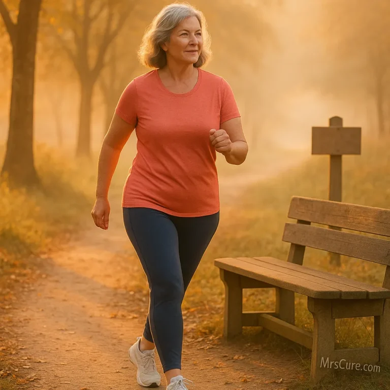 An older, overweight woman running through a forest, with a bench to her left.