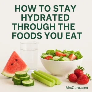 A glass of water and various water-rich foods sitting on a table, with the caption "How to stay hydrated through the foods you eat" above.
