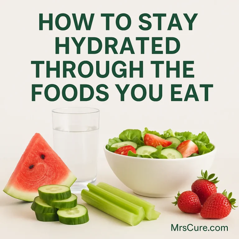 A glass of water and various water-rich foods sitting on a table, with the caption "How to stay hydrated through the foods you eat" above.