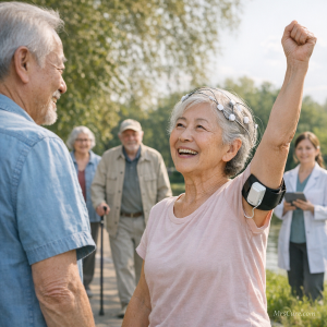 A group of older people enjoying the outdoors in good weather. The woman nearest is wearing a health tracker on her upper arm.