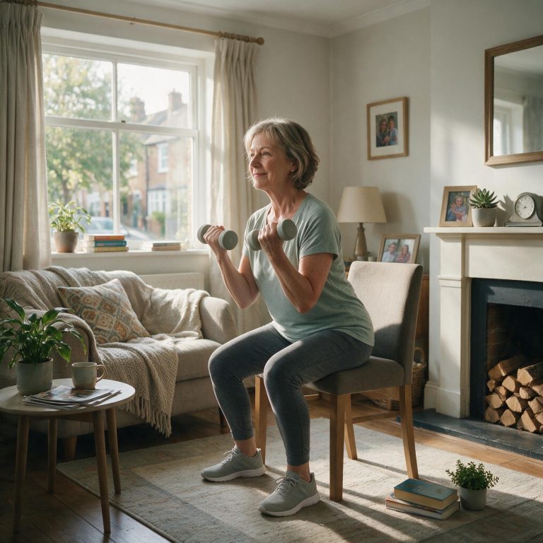 A woman over 50 doing a bodyweight strength exercise at home, representing how to build strength without a gym