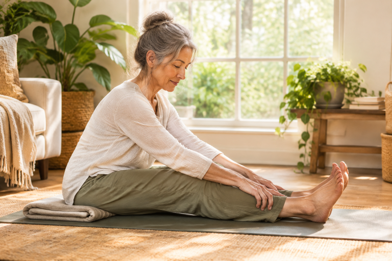 Woman in her 60s doing a gentle seated forward-fold yoga stretch on a mat in a bright home living room