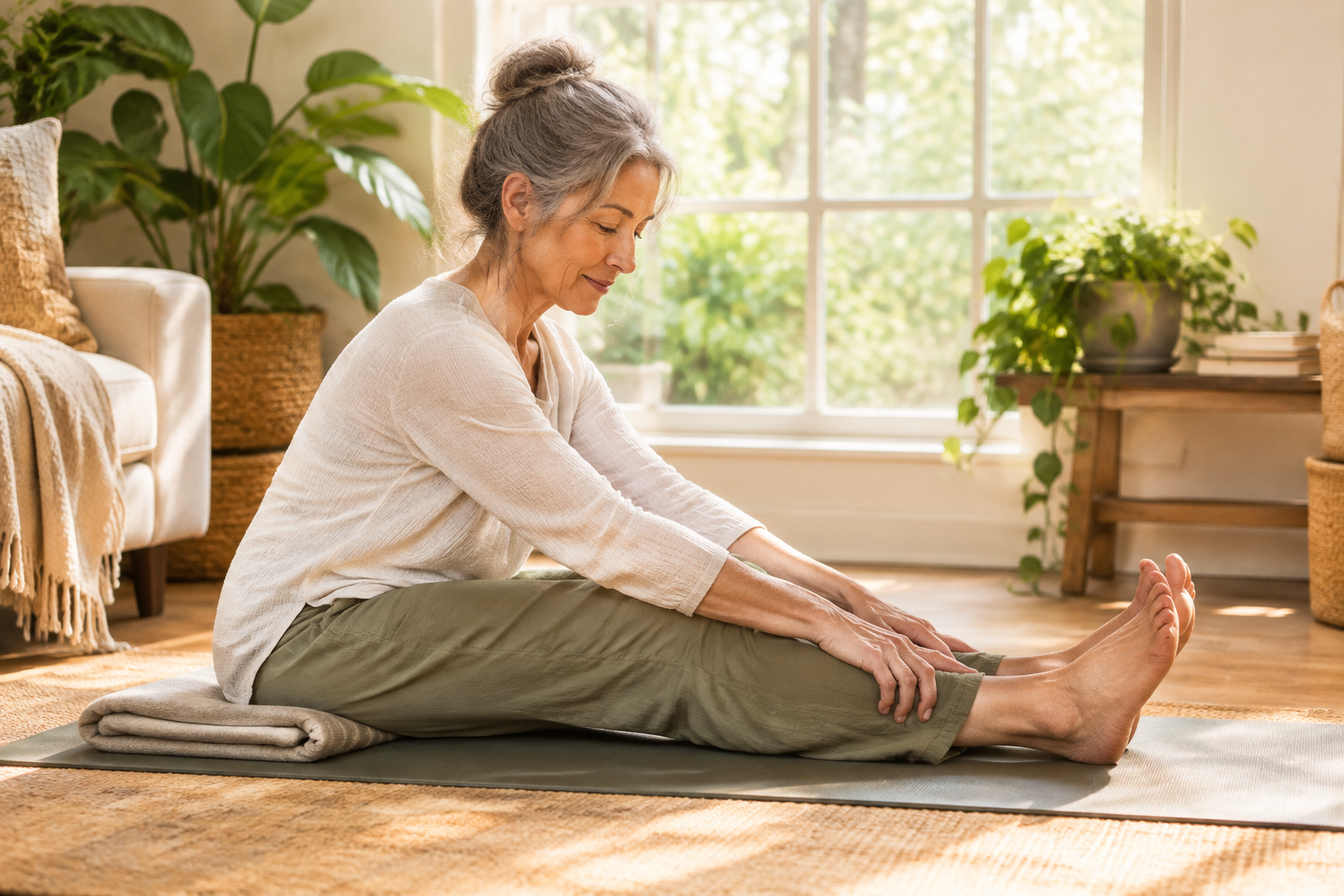 Woman in her 60s doing a gentle seated forward-fold yoga stretch on a mat in a bright home living room