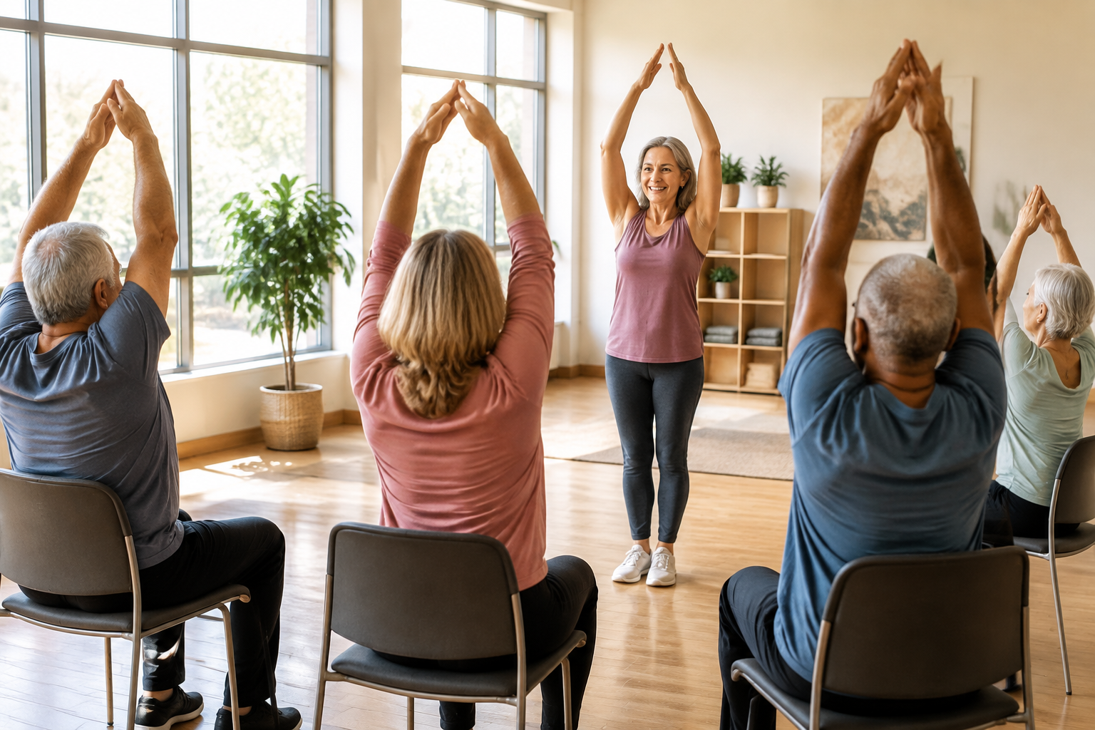 Small group of older adults doing gentle seated chair yoga together in a bright studio with an instructor
