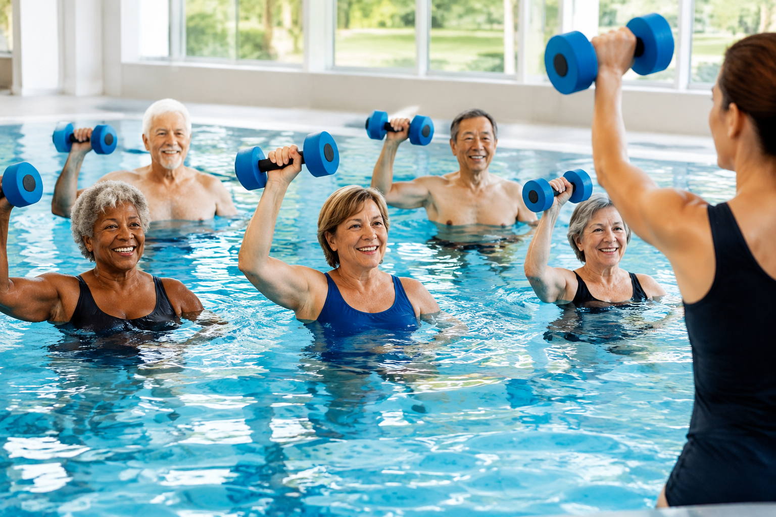 Group of adults in their 50s and 60s taking a water aerobics class in an indoor pool, raising foam dumbbells above the water with an instructor
