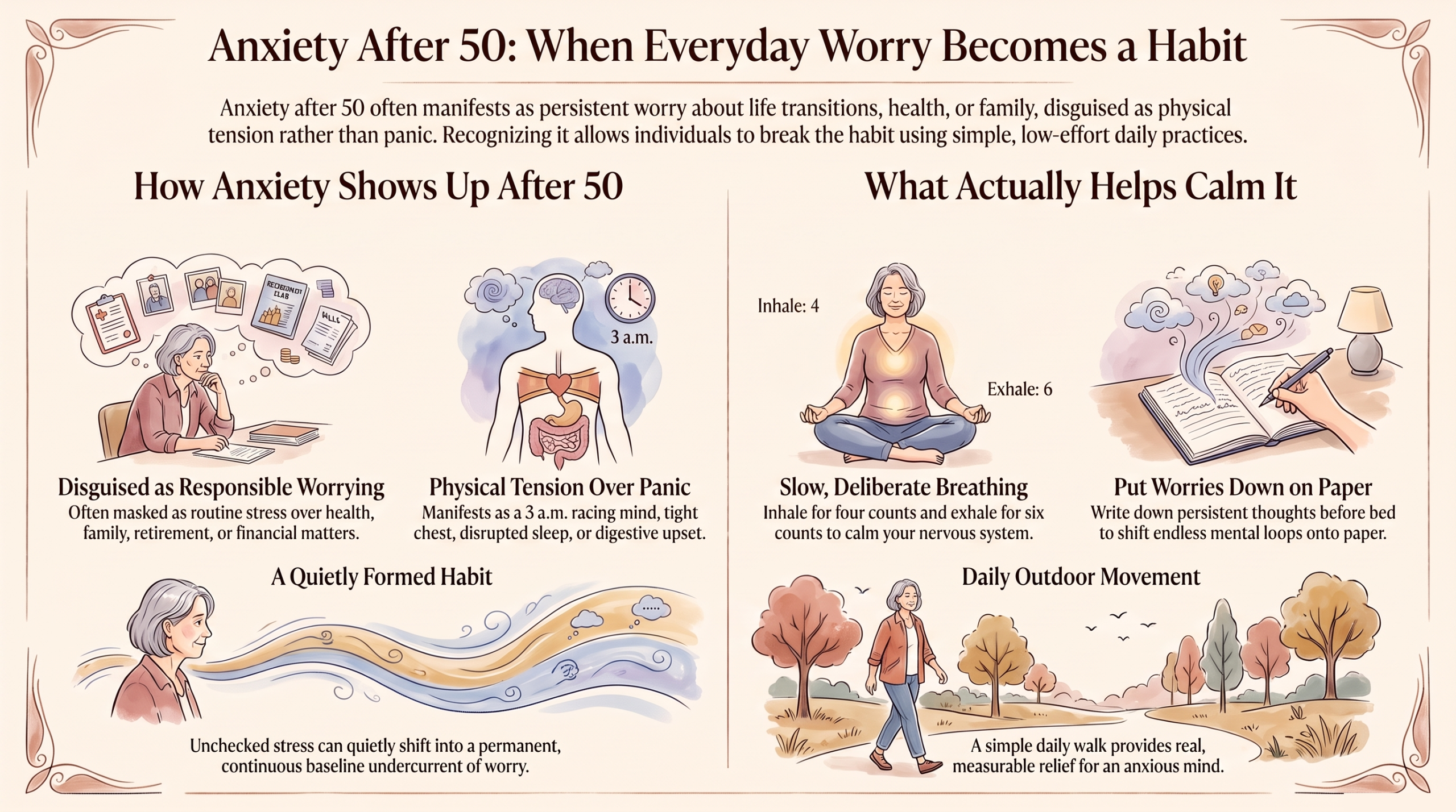 Infographic comparing how anxiety shows up after 50 with what actually helps calm it