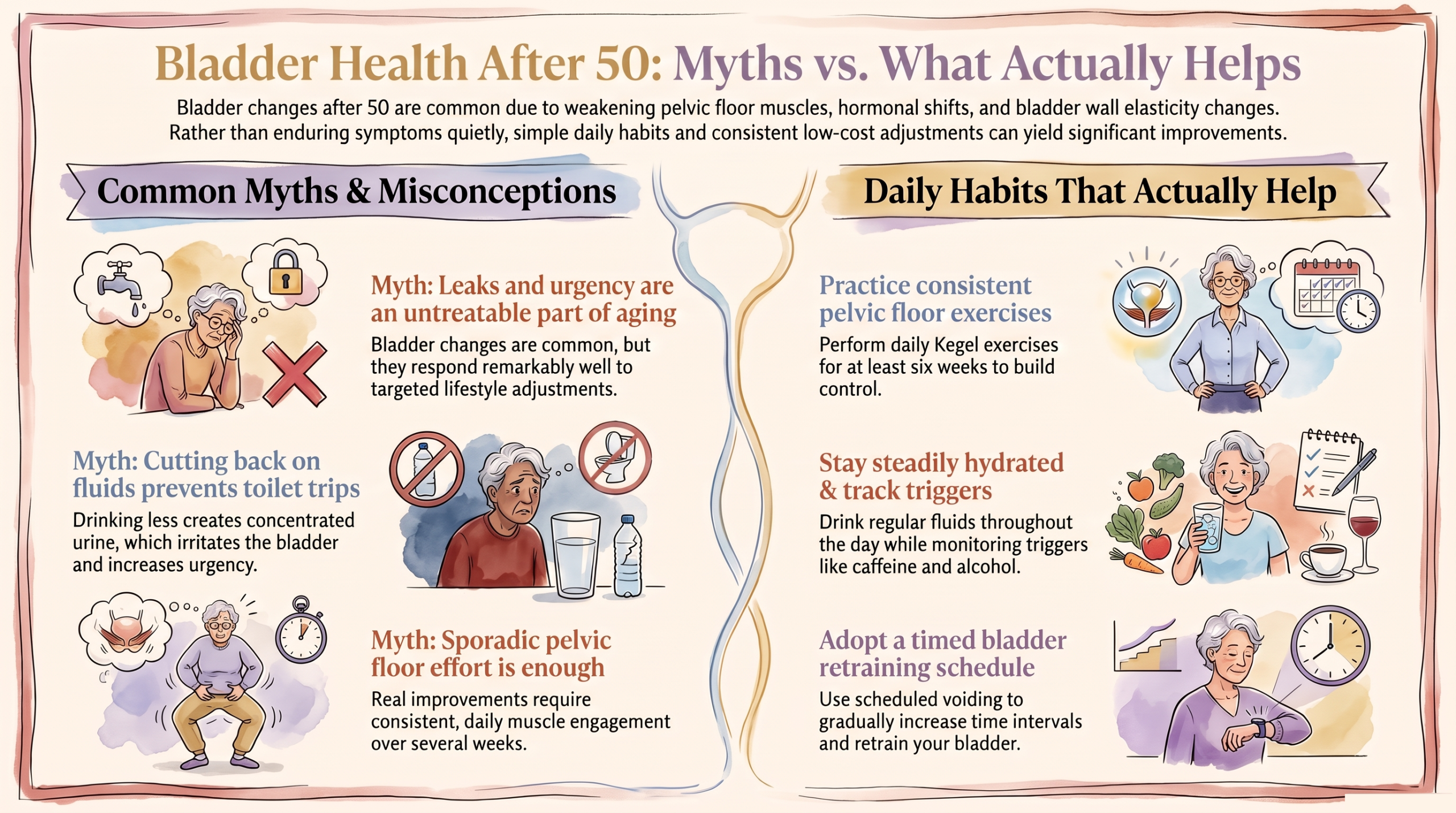 Infographic comparing common bladder health myths with the daily habits that actually help after 50