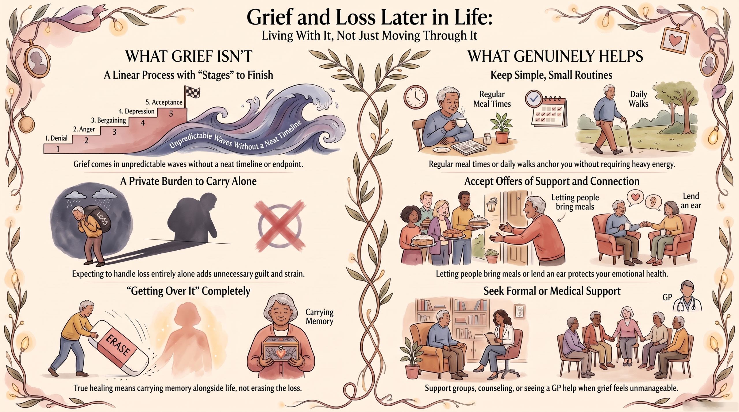 Infographic comparing what grief isn't with what genuinely helps when living with loss later in life