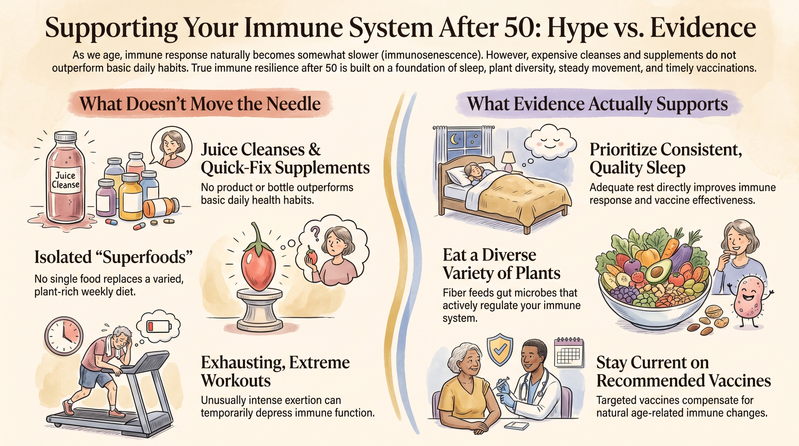 Infographic comparing what doesn't help your immune system with what the evidence actually supports after 50