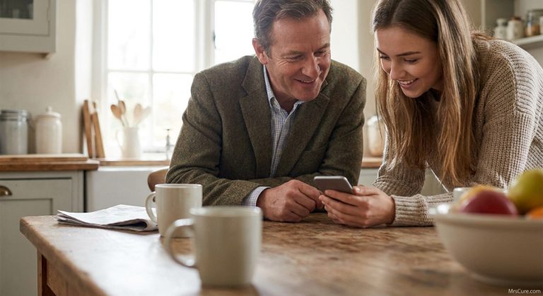 Man being shown something on a smartphone by a younger relative, illustrating staying connected through technology