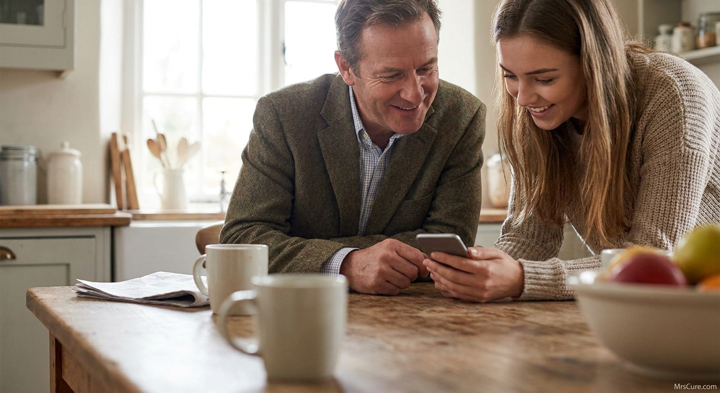 Man being shown something on a smartphone by a younger relative, illustrating staying connected through technology