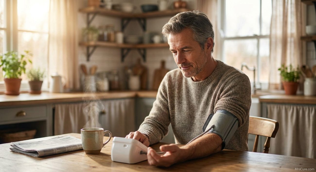 Man checking his blood pressure with a home monitor at his kitchen table