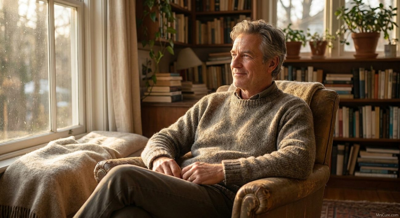 Man sitting quietly by a window without a phone, illustrating the benefits of boredom