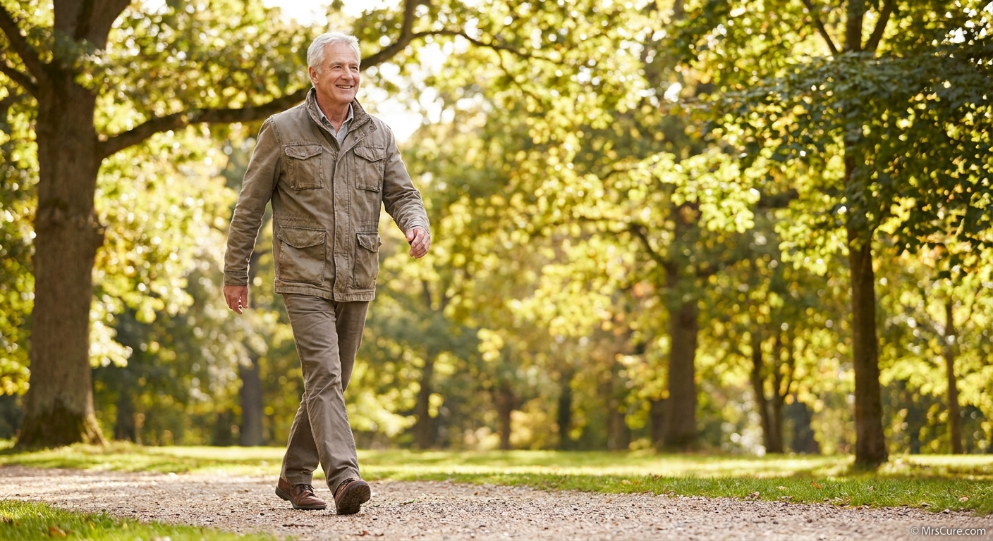 Man taking a brisk walk in a park, illustrating beating the afternoon energy slump
