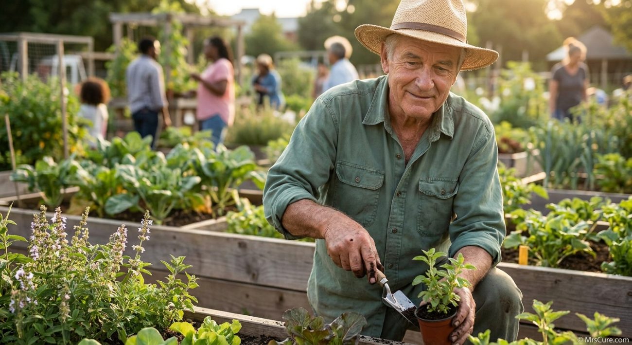 Man tending plants in a community garden, illustrating finding purpose after retirement