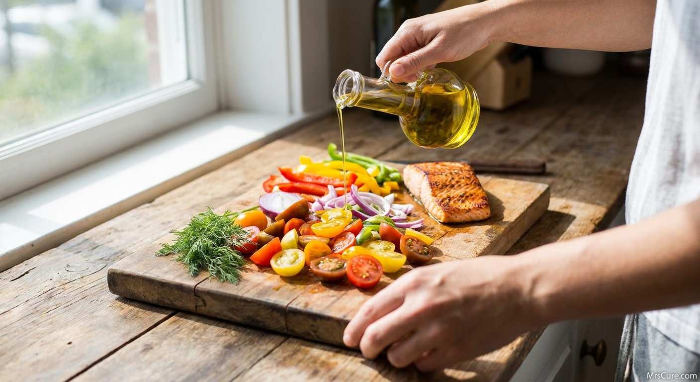 Hands preparing a colourful Mediterranean-style meal with olive oil and salmon