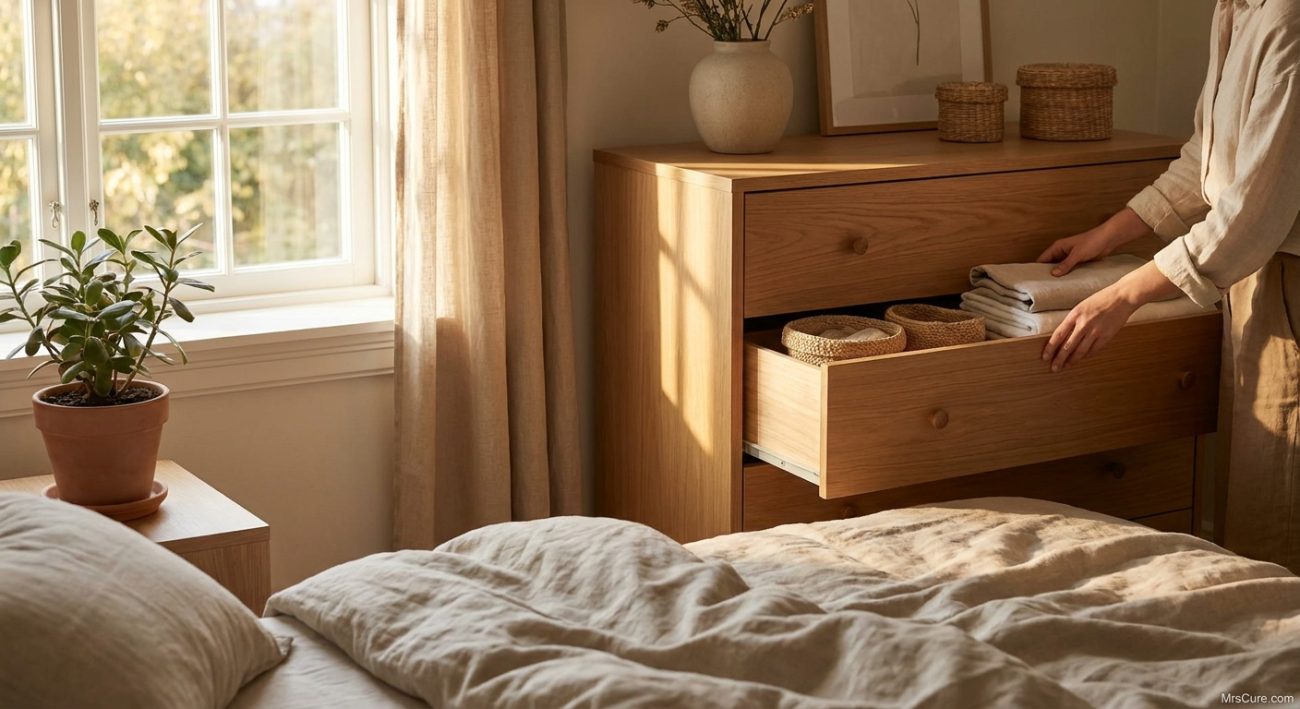 Tidy calm bedroom with an open drawer being organised, illustrating decluttering for calm