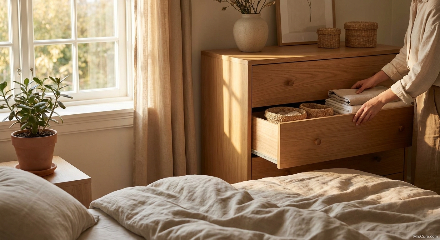 Tidy calm bedroom with an open drawer being organised, illustrating decluttering for calm