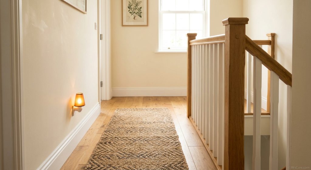 Tidy home hallway with a secured non-slip rug and nightlight, illustrating fall-proofing a home