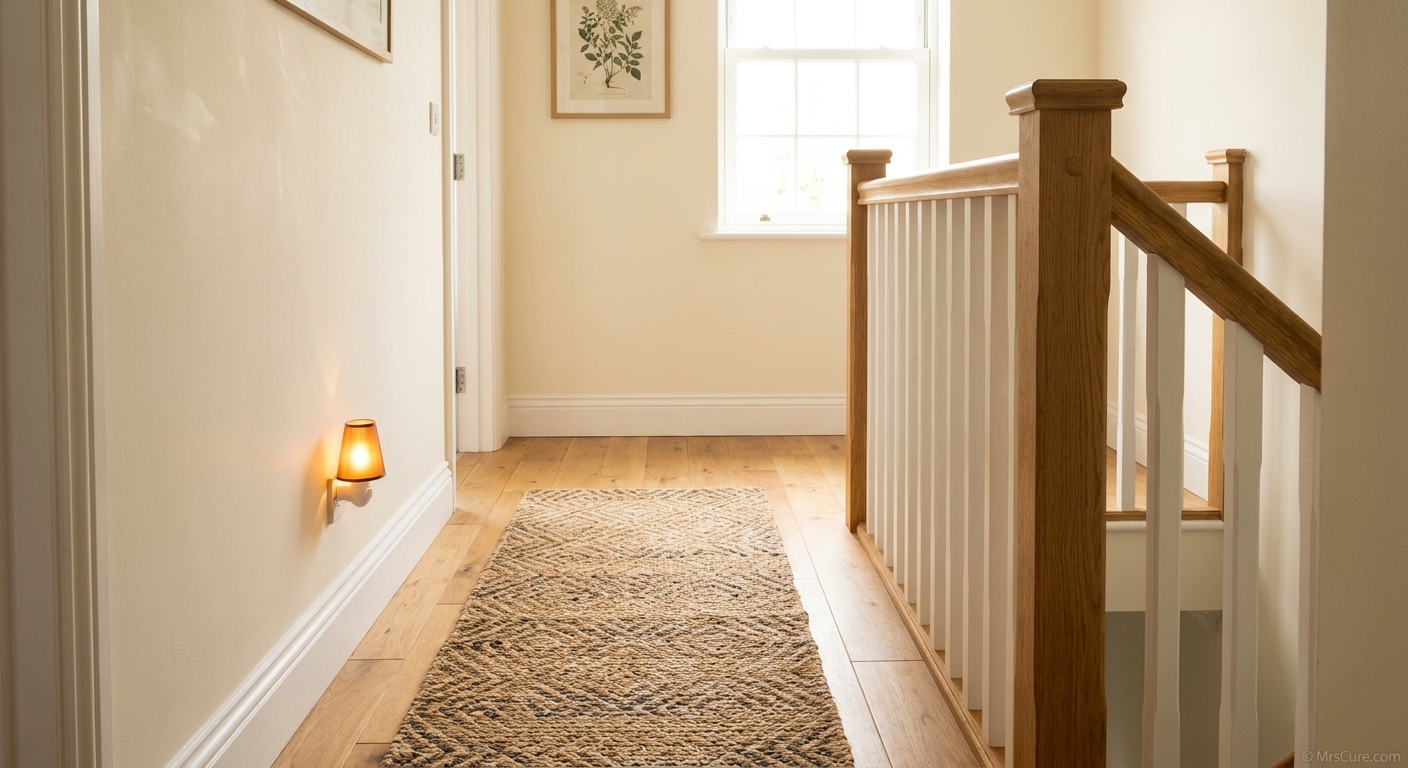 Tidy home hallway with a secured non-slip rug and nightlight, illustrating fall-proofing a home