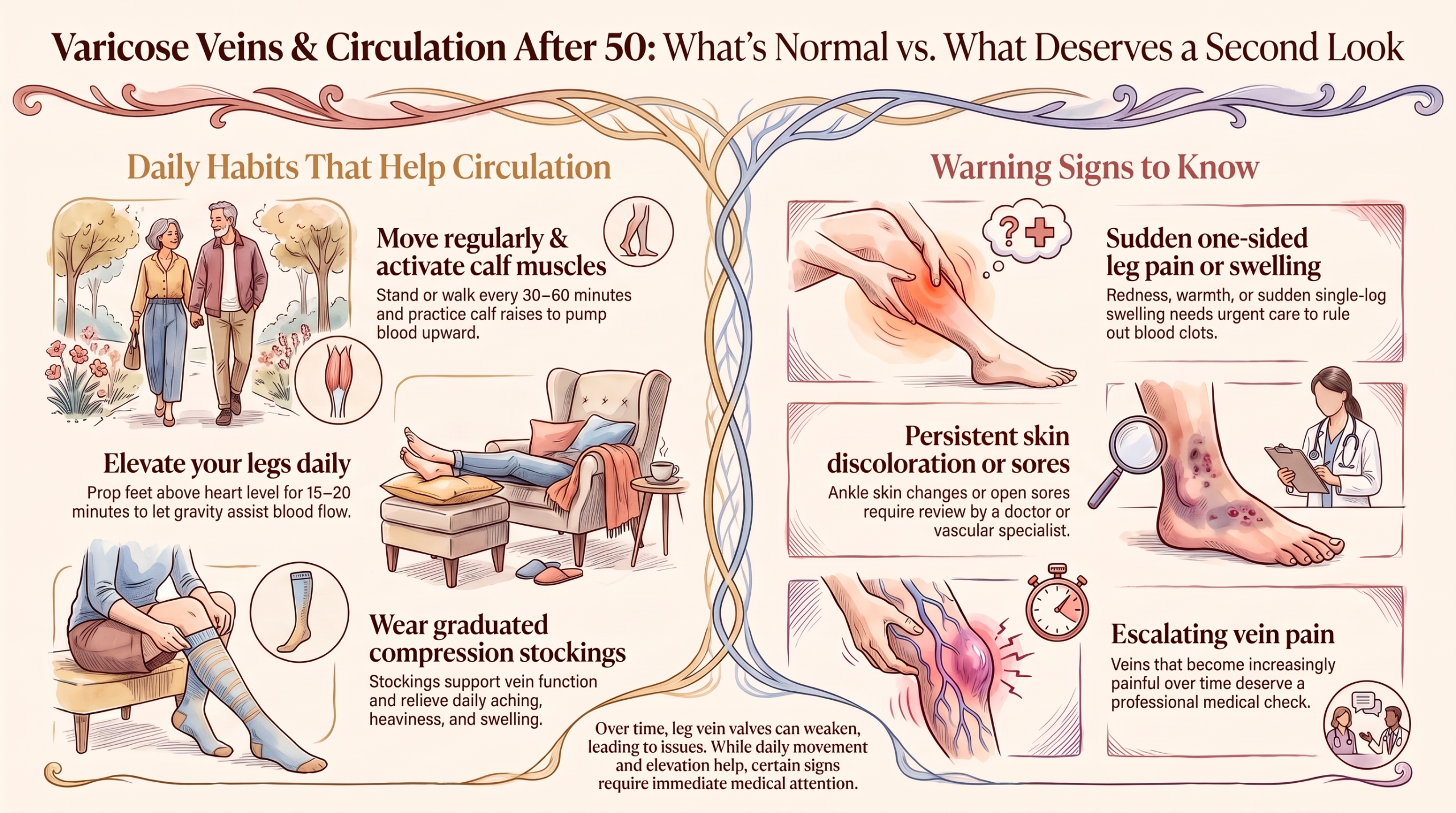 Infographic comparing daily habits that help circulation with warning signs that deserve a second look