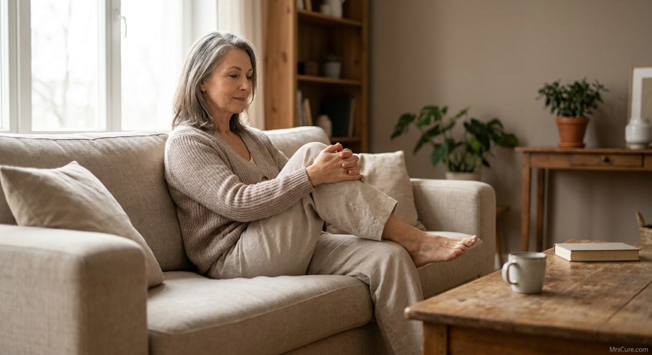 Woman gently stretching her knee on a sofa, illustrating joint care after 50