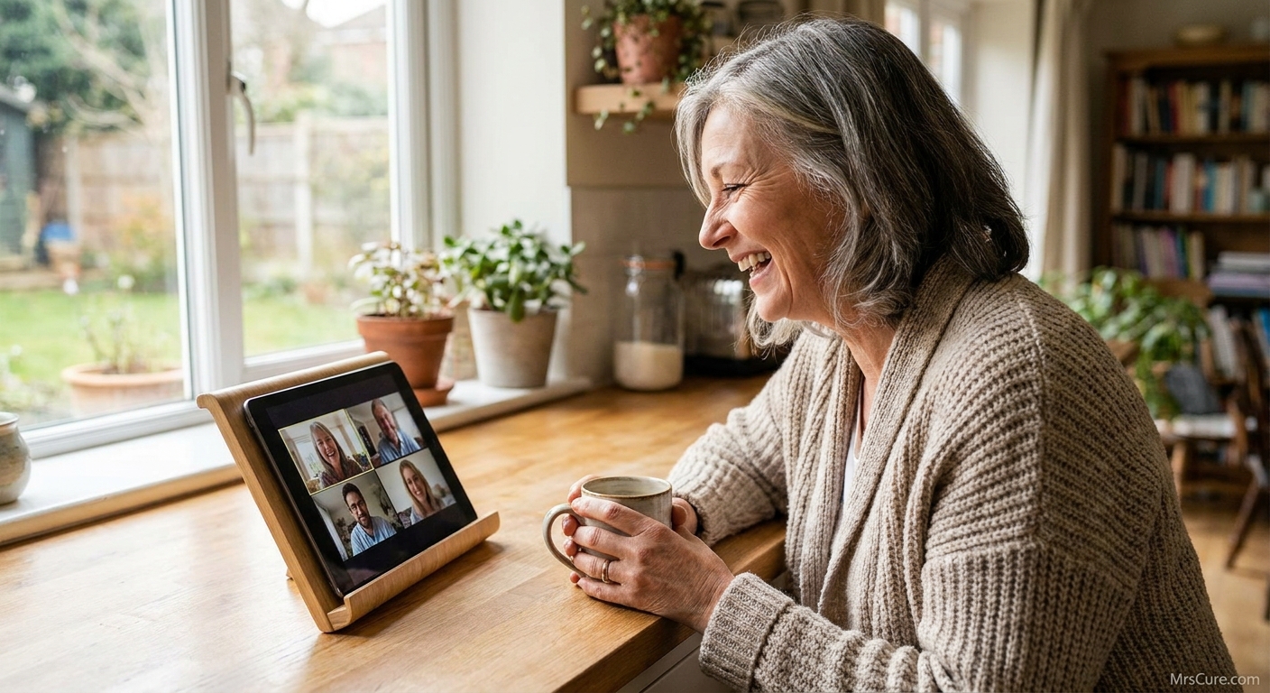 Woman having a warm video call on a tablet, illustrating long-distance grandparenting