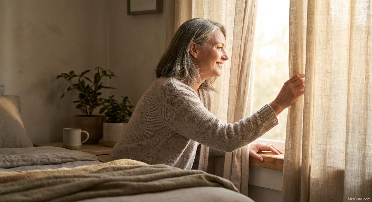 Woman opening bedroom curtains to morning light, illustrating sleep changes after 50