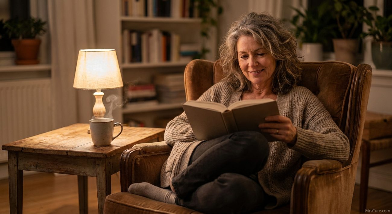 Woman reading a physical book in a cosy armchair, illustrating a wind-down routine for sleep