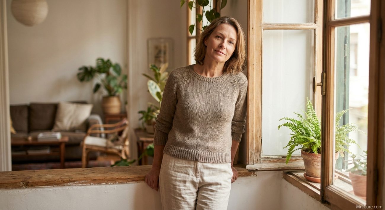 Woman standing calmly by an open window, illustrating the menopause guide