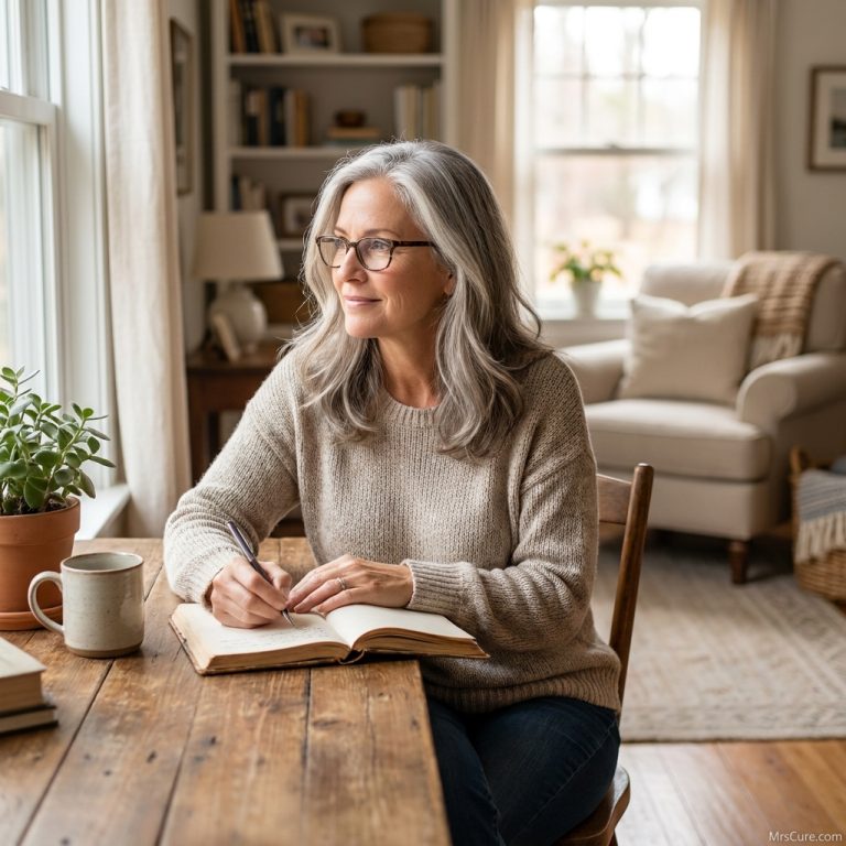 Woman writing calmly in a small notebook, illustrating normal memory and reflection
