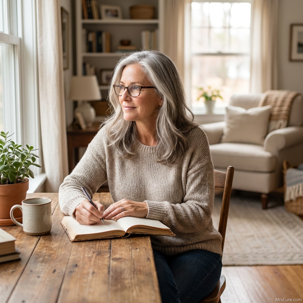 Woman writing calmly in a small notebook, illustrating normal memory and reflection