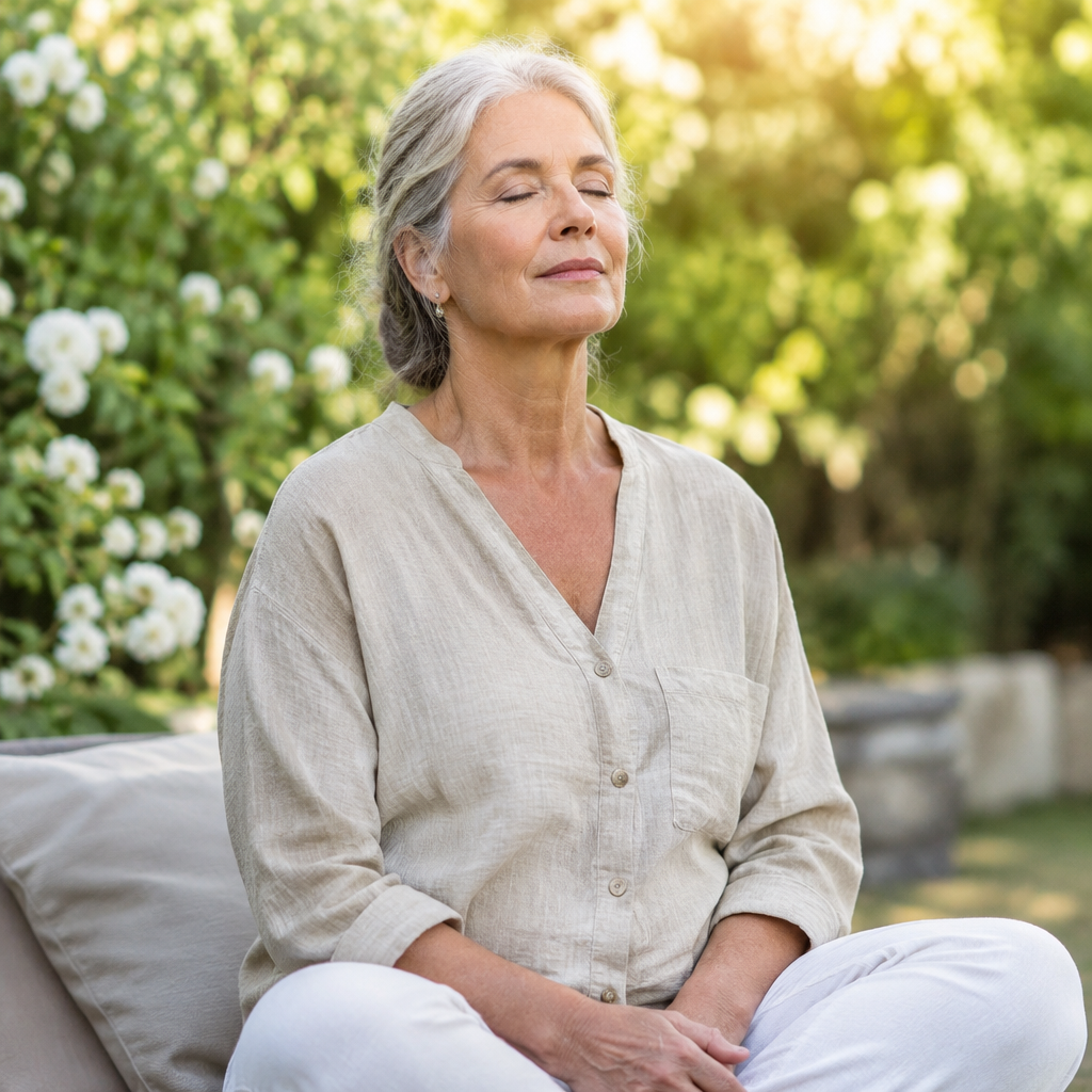 Woman sitting peacefully in a garden with her eyes closed, breathing calmly