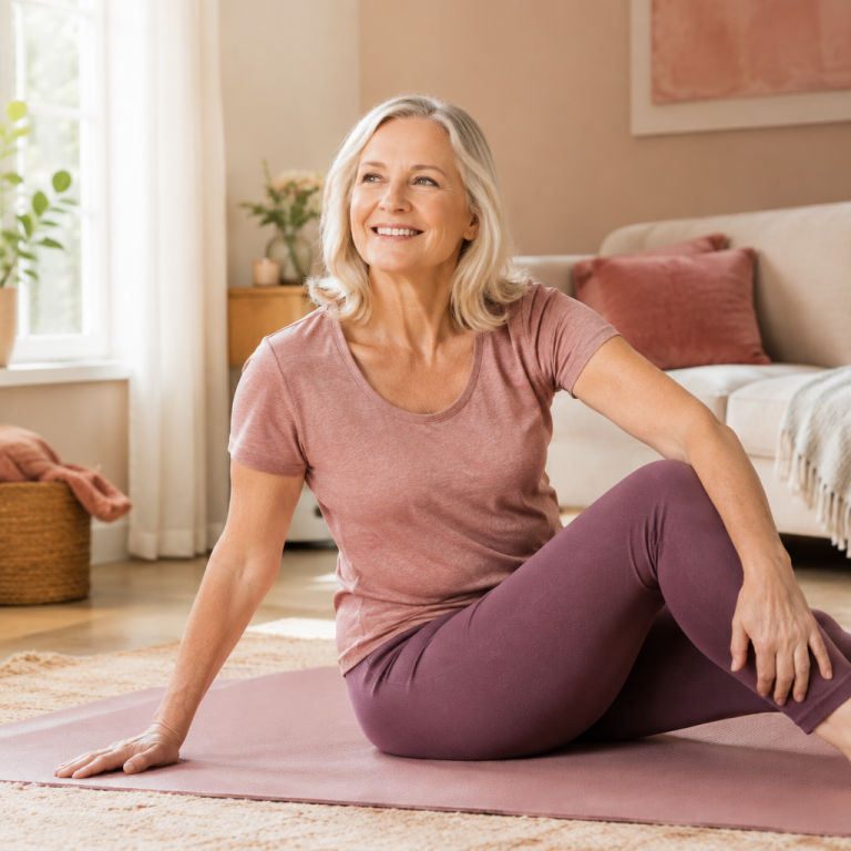 Woman in her 60s doing a gentle seated stretch at home
