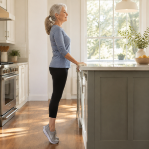 Woman doing gentle calf-raise stretches while holding a kitchen counter