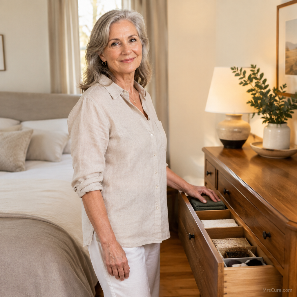 An adult standing beside a neatly organised, open dresser drawer in a calm, tidy bedroom