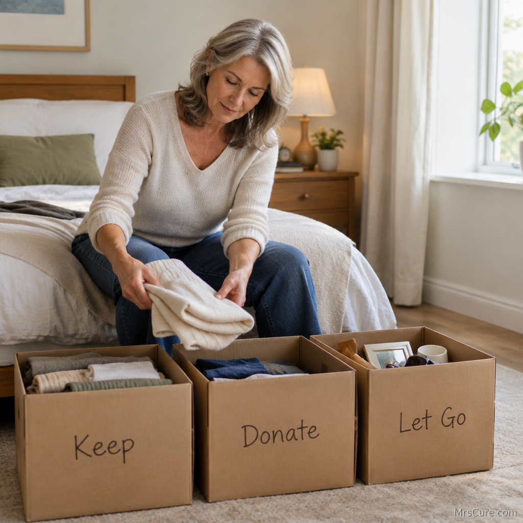 An adult sorting items on a bed into three labelled boxes: Keep, Donate, and Let Go