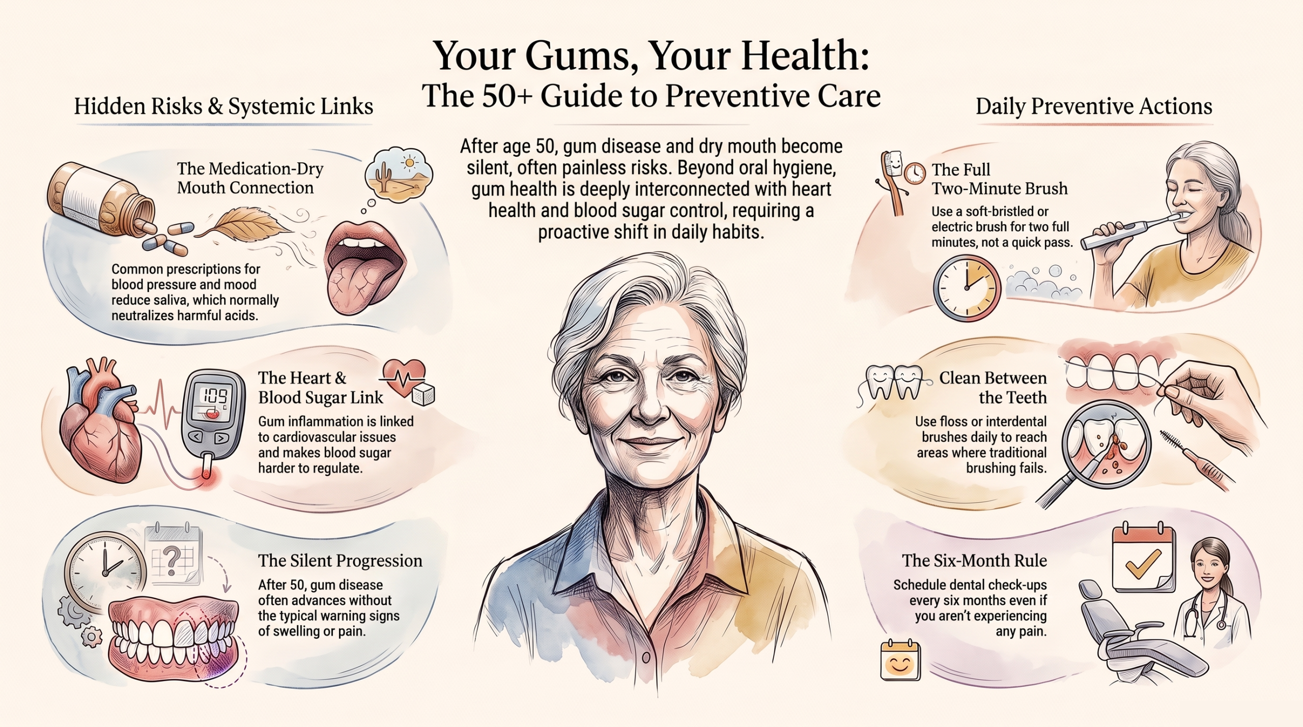 Infographic: Your Gums, Your Health &mdash; hidden risks and systemic links on one side, daily preventive actions on the other