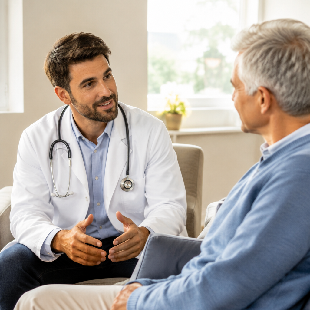 Male doctor talking calmly with a seated man during a consultation