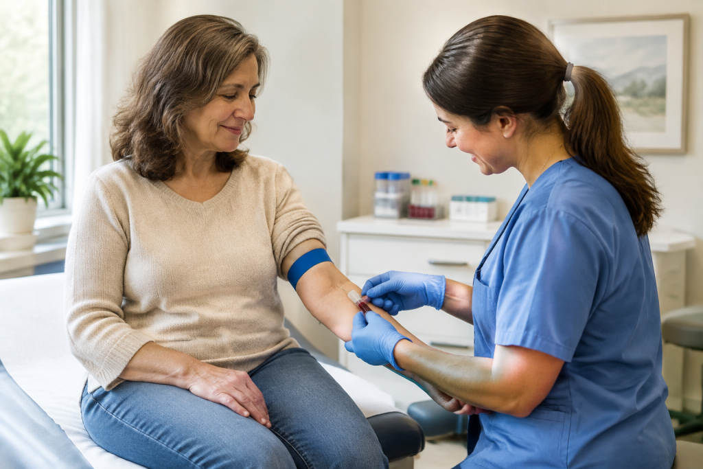A woman in her late 50s having a routine blood test drawn by a nurse at a doctor's office