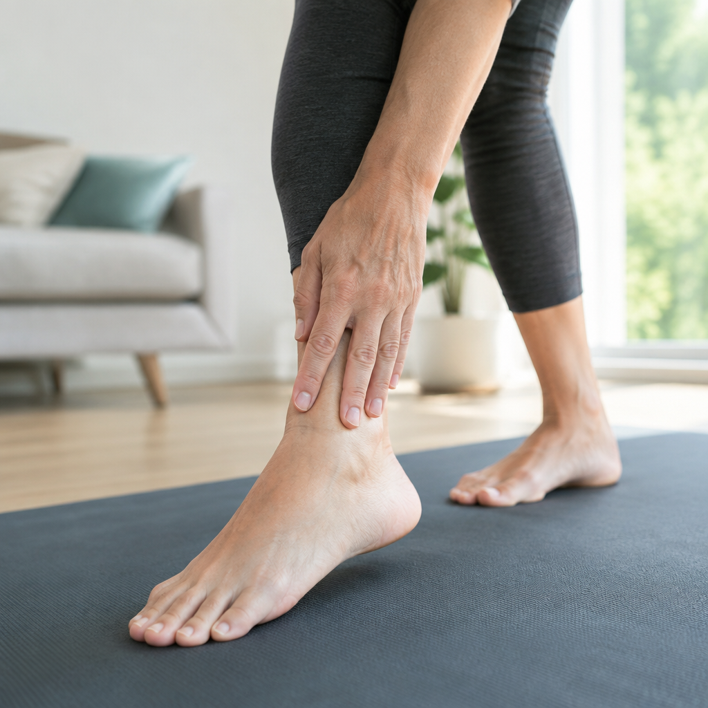 Bare feet gently stretching on a yoga mat in a bright living room