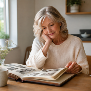 Older woman looking thoughtfully at an open photo album at her kitchen table