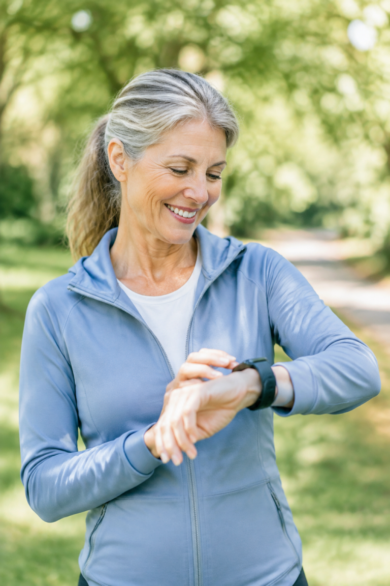 Woman checking her heart rate on a fitness watch during an outdoor walk
