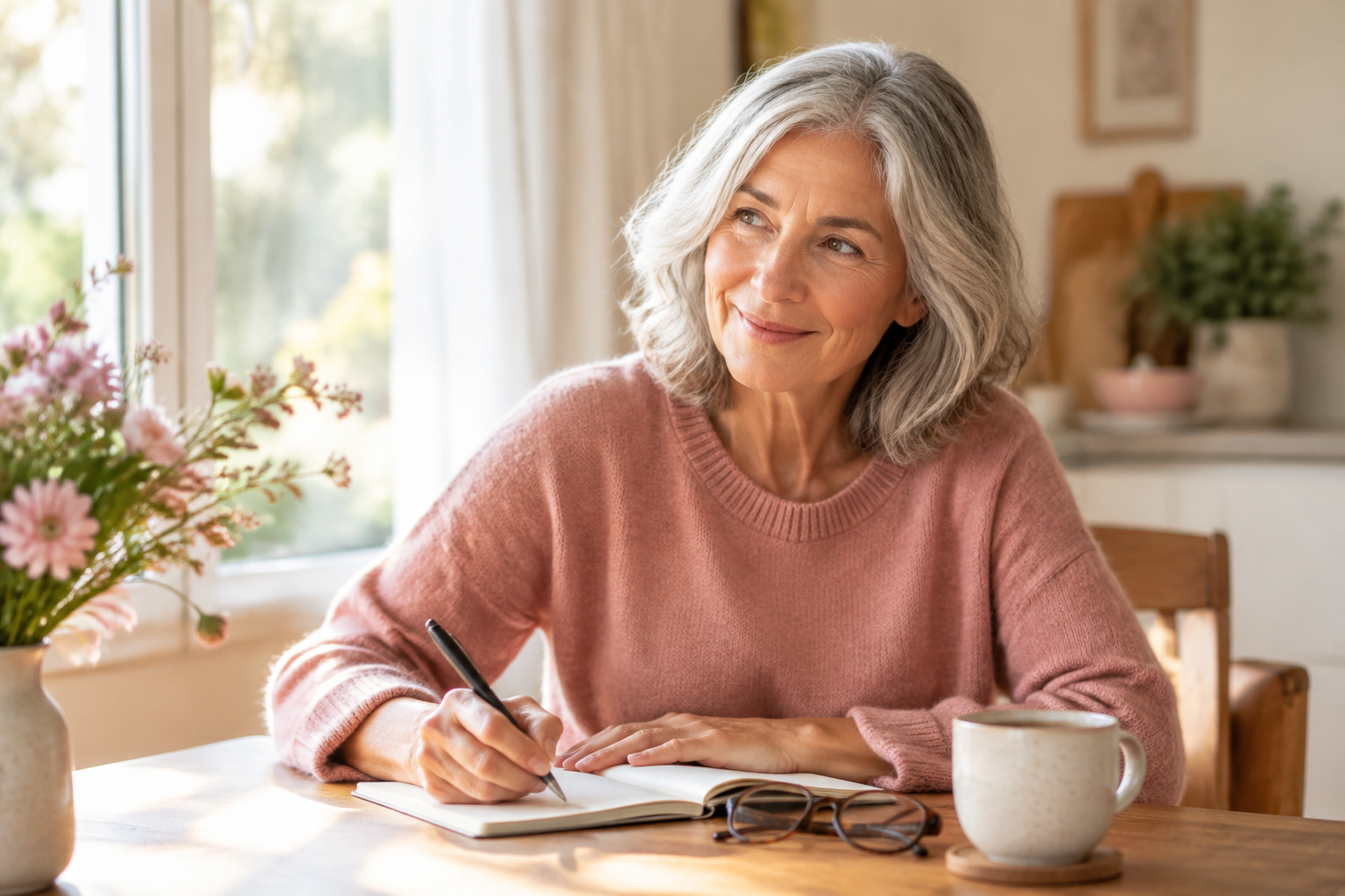 A woman in her early 60s smiling as she writes in a notebook at a sunny kitchen table